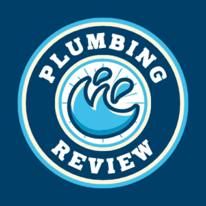 Plumbing review's main logo image with water splash droplet in the center and plumbing review spelled out in logo blue and white in color