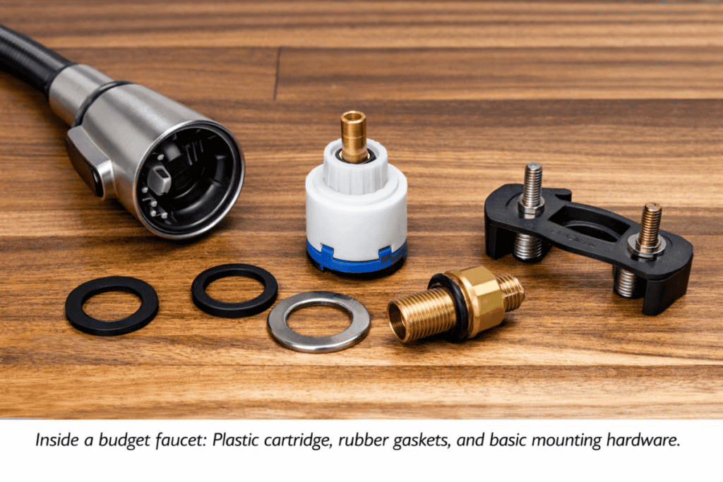 disassembled budget kitchen faucet parts showing plastic cartridge, rubber gaskets, and basic mounting hardware on a wood surface