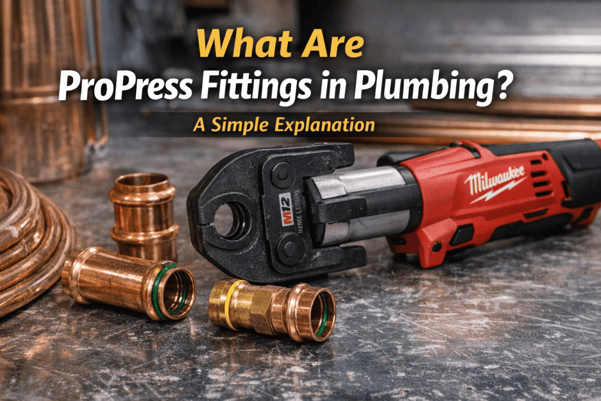 featured image showing several copper ProPress plumbing fittings and press tools used in modern residential plumbing systems