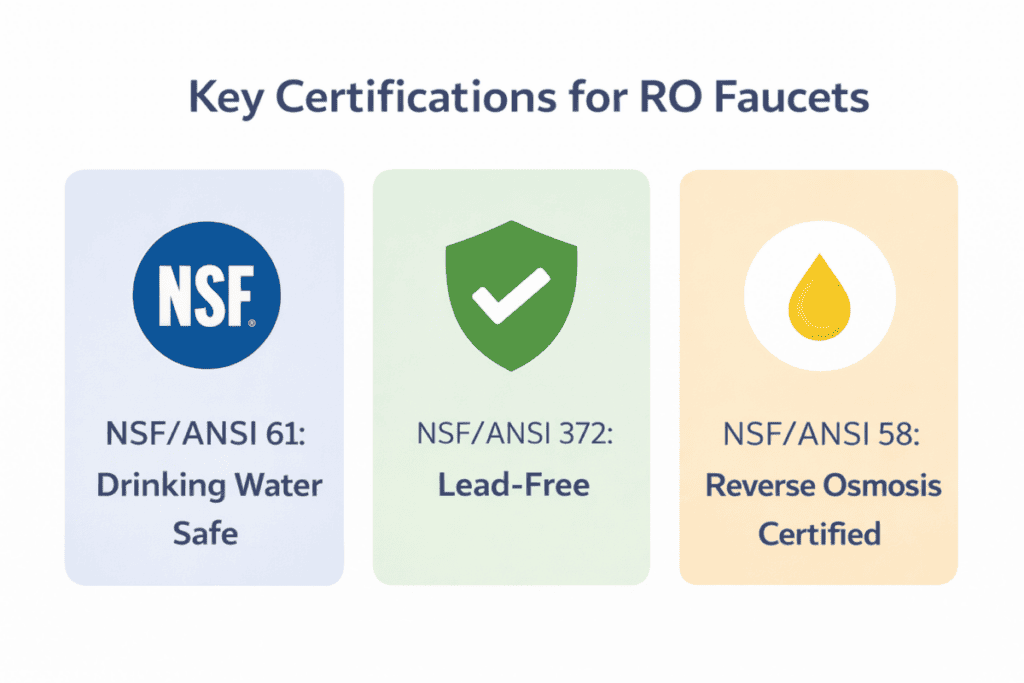 Key NSF/ANSI drinking water and reverse osmosis faucet certifications including NSF 61 for drinking water safety, NSF 372 for lead-free construction, and NSF 58 for RO