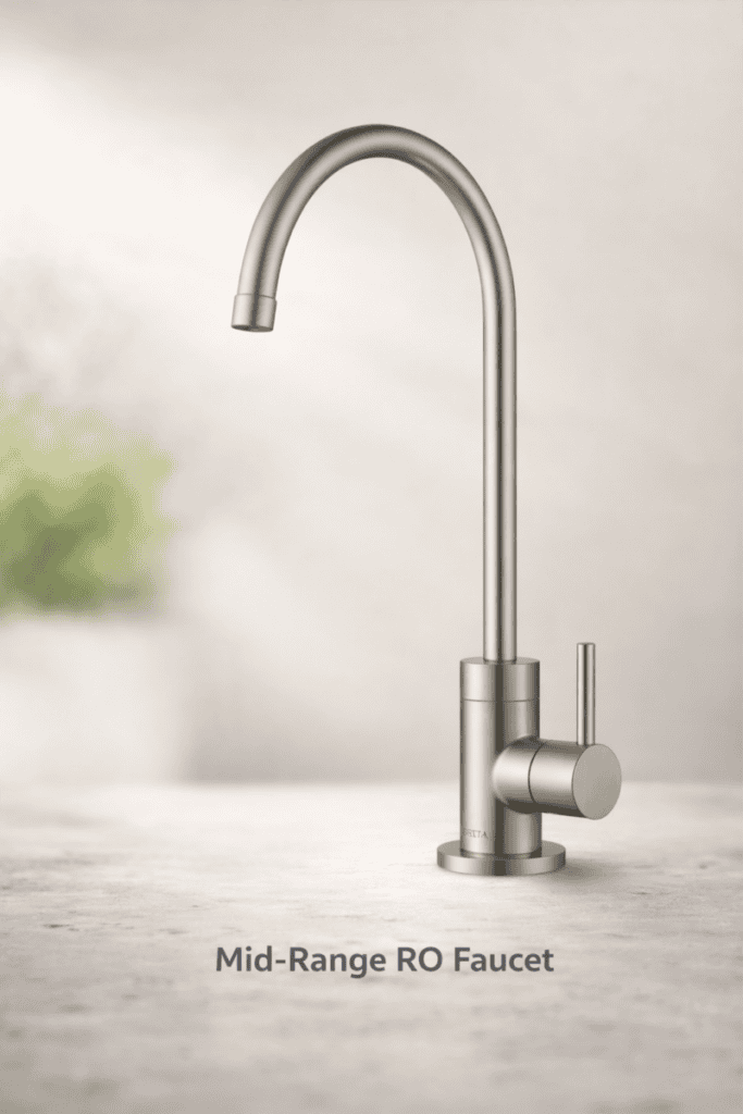Brushed nickel reverse osmosis faucet with modern minimalist design and slim lever handle, mid-range RO faucet option on soft teal background.